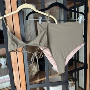 High-Waisted Bikini Set in Olive and Pink
